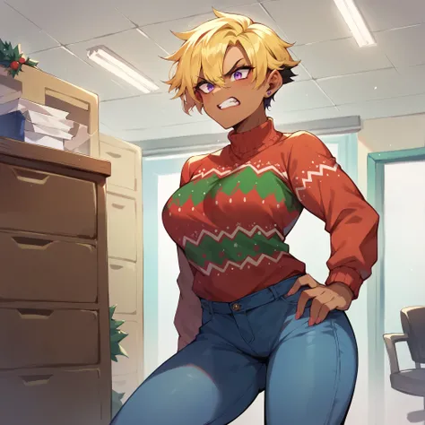 a tomboy with dark skin, purple eyes and golden hair. she is wearing a Christmas sweater and blue jeans. she looks angry while at a office.