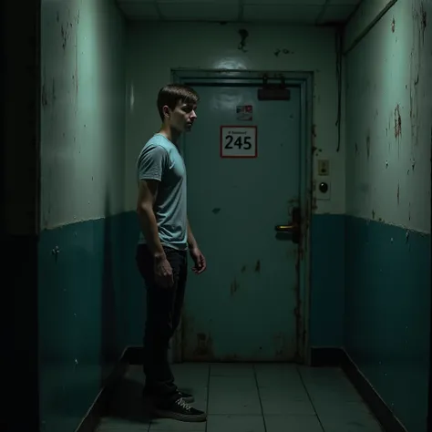 “A dimly lit hospital corridor at night with an eerie atmosphere. A young man in casual attire stands near a closed door labeled ‘245’, his face filled with confusion and unease, as if he’s just realized something disturbing. Behind him, the door is locked...