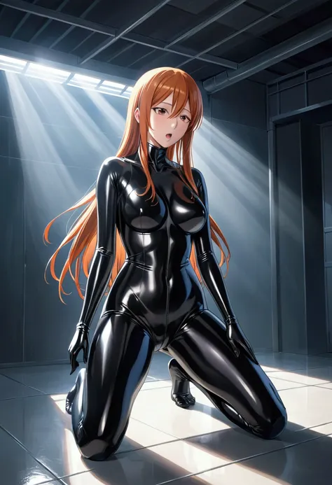 Inoue Orihime from bleach is in a full latex suit only her feet are out bare feet
the latex suit is tight on her body making it hard to breath mouth open tight on her body the latex suit is covering her heat too she strugles to breath 