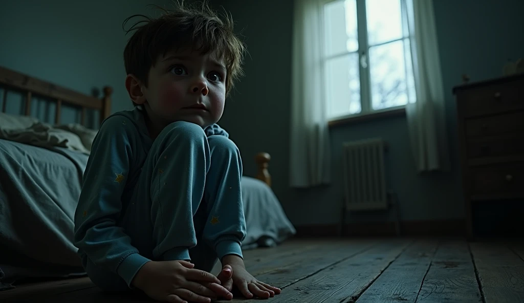 A  boy sits on an old bed in a dark room, hugging his knees with a fearful expression. He has messy hair, large expressive brown eyes filled with terror, and wears light blue pajamas with a star pattern. The room has worn gray walls, a partially open windo...