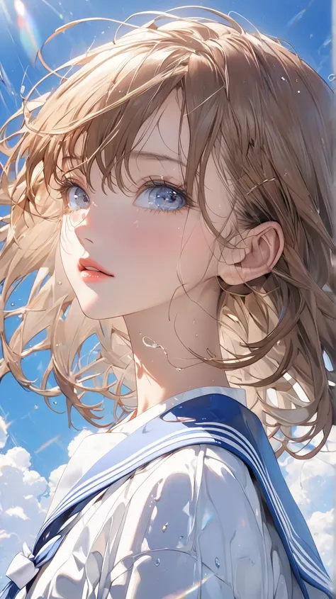 ( High Definition ), white and light blue sailor suit 、(Brown Hair Color、 medium hair), beautiful、 sexy high school girl 、Detailed face of a beautiful girl 、 closeup 、 beautiful瞳、Long eyelashes、 wet lips、 stares straight at me、Hair swaying in the wind、Conf...