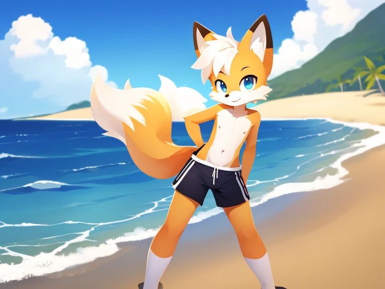 Aperture cute fox white hairstyle yellow body pants shorts shirtless beach background 