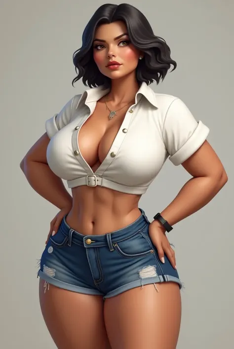  Curvy Mexican Girl Big Prominent Boosted Breasts. low-cut white shirt. Fat Free Slim Waist .  Fat Broad Monumental Hips . thick muscular legs.  Short Denim Short Short Hair .  Thick lips