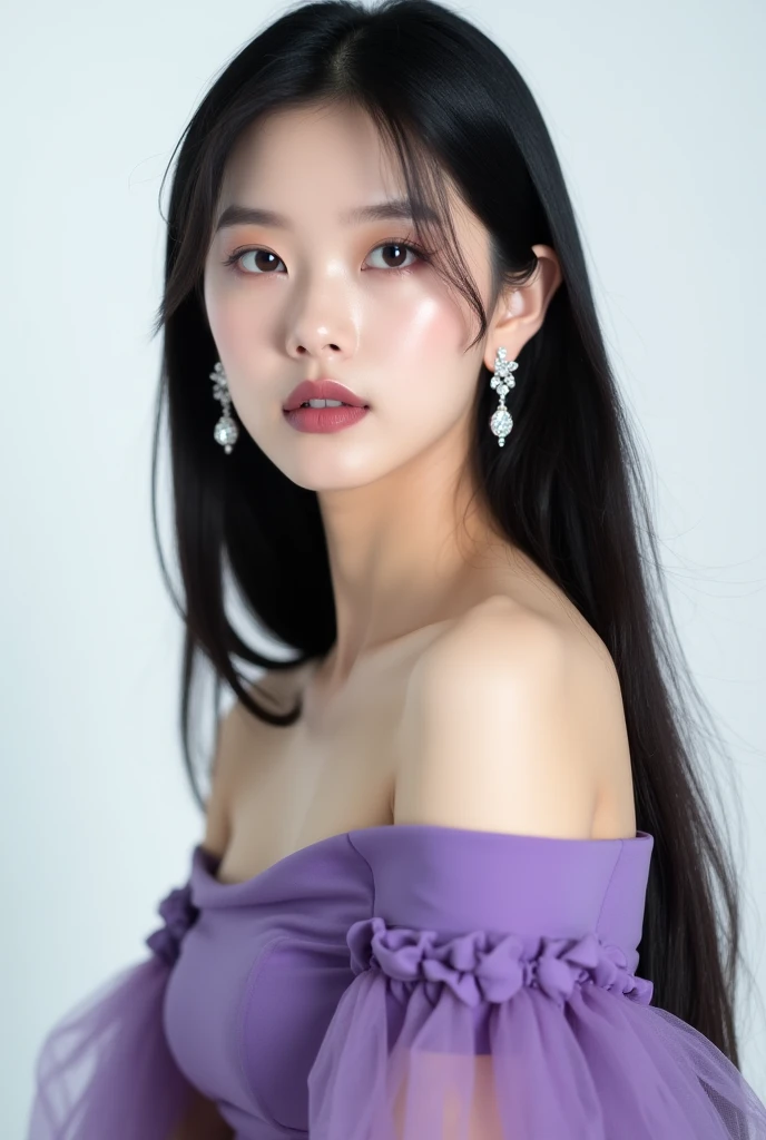 A beautiful Chinese female model with black hair. She is twenty years old with a Chinese face. She is wearing a luxurious violet off shoulder dress, brown eyeshadow, and dusty purple lipstick. She has a quiet, indifferent, and stern appearance without a sm...