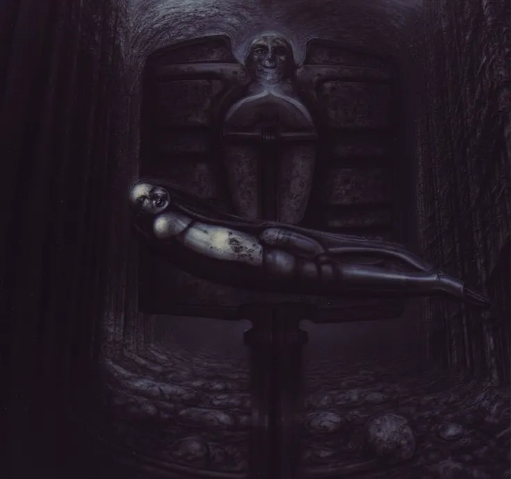 In a shadowy, surreal landscape reminiscent of H.R. Gigers most provocative works, H. R. Gigers g1g3r, , Giger_style, H. R. Gigers g1g3r, , Giger_style, The image is a detailed view of H.R. Gigers " HRG Aleph " plate, featuring ( The image depicts a surrea...