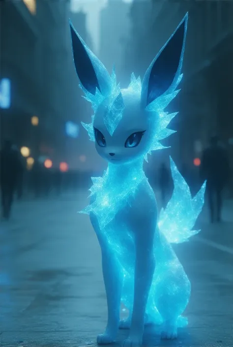 3D realistic Glaceon Pokémon in human female like, skinny athletic, in a cyberpunk environment.