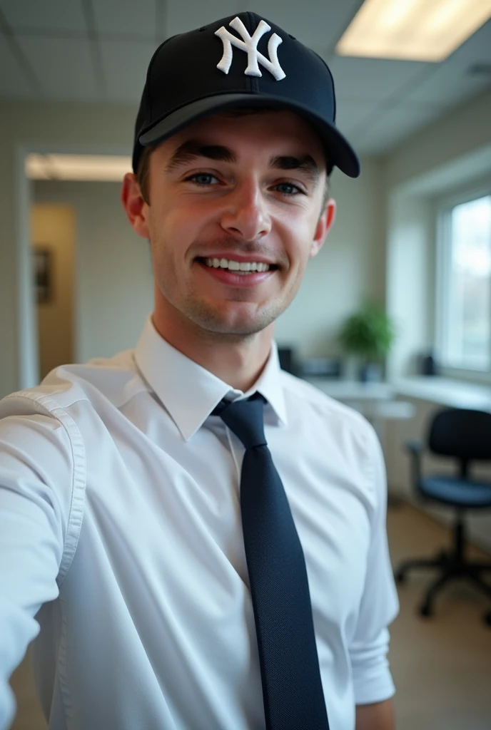 I took a selfie of I was wearing a semiformal shirt and tie with sneakers.    Yankees hat Im a 19-year-old man ,    with short hair   , Alto Atlético Construir , At the dental office    