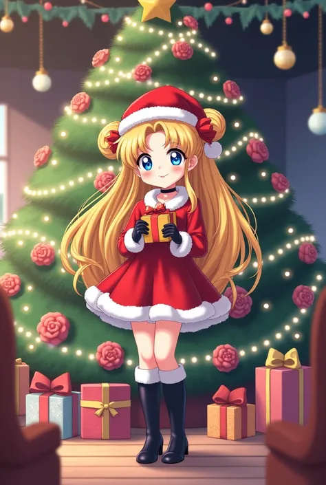 Make me a high-resolution image of Serena Tsukino, a young adult from the anime Sailor Moon with long blonde hair and Chonguitos wearing a cute red Santa Claus dress, short with long black boots and short black gloves with her Santa hat while she is in a r...