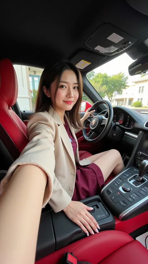 A first-person perspective cute smiling selfie of a 28-year-old female CEO (no makeup) (slim) (oval face) (long straight brown-black hair) wearing autumn high-end temperament fashion brand clothing, sitting in the drivers seat of a Porsche 718 at the door ...