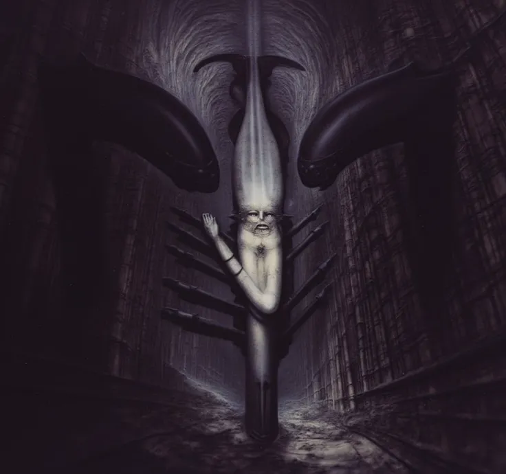 In a shadowy, surreal landscape reminiscent of H.R. Gigers most provocative works, H. R. Gigers g1g3r, , Giger_style, H. R. Gigers g1g3r, , Giger_style, The image is a detailed view of H.R. Gigers " HRG Aleph " plate, featuring ( The image depicts a surrea...