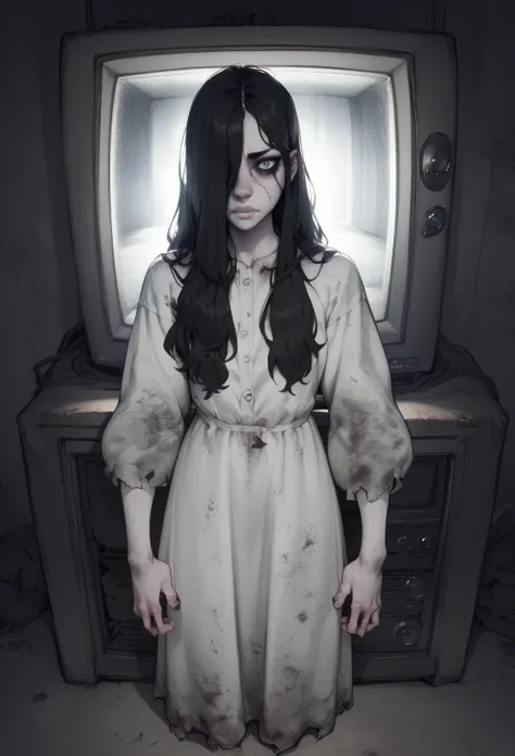 Teonrioxl, long black hair ,pale skin, hair over an eye ,
dirty white dress with sleeves, 
 Dark Room, faint lighting ,television,
