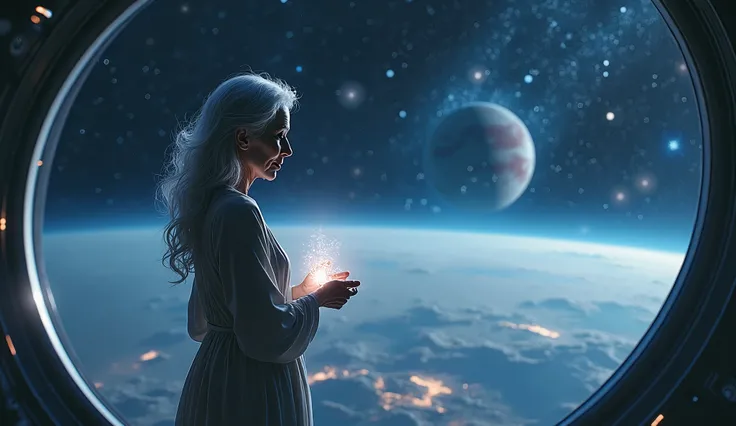 An elderly woman with silver hair, wearing a simple futuristic gown, standing at the edge of a spacecraft’s observation deck. She holds a glowing jewel in her hands, her expression filled with bittersweet emotion. Outside the window, the vastness of space ...