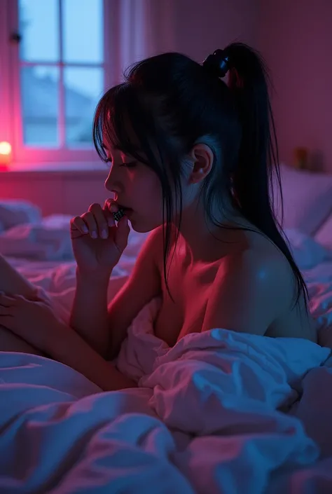 Teen British girl naked,wet ,chubby, black hair, ponytail,Big tits, laying in bed ,leg stretched, clothes all around bed ,bed room ,mood light, widow,night, listening music in headset,,one hand in mouth.rgb lights