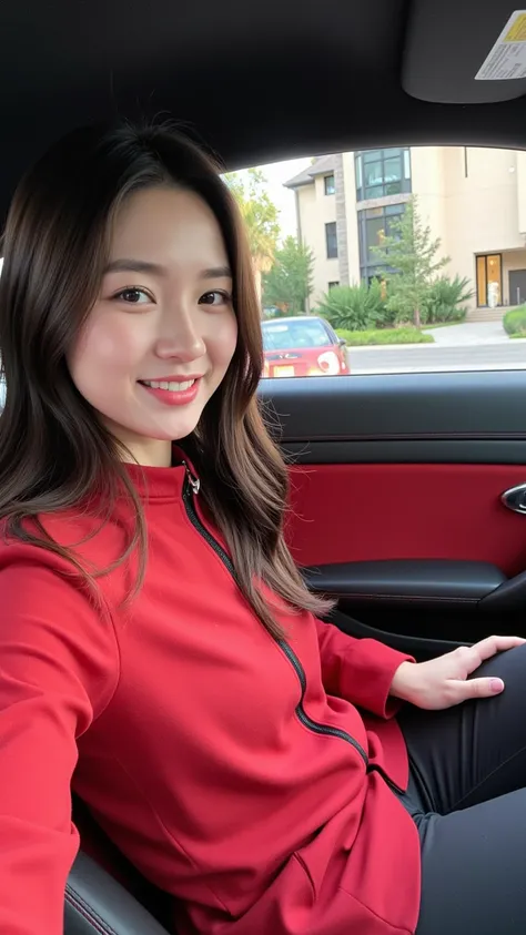 A first-person perspective cute smiling selfie of a 28-year-old female CEO (no makeup) (slim) (oval face) (long straight brown-black hair) wearing autumn high-end temperament fashion brand clothing, sitting in the drivers seat of a Porsche 718 at the door ...