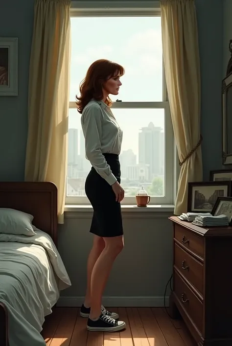 , Lois Lane is standing half-backwards looking out her bedroom window nostalgically; dressed as a secretary in a white shirt , black skirt and sneakers 