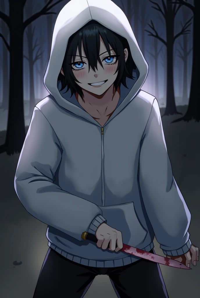 score_9,score_8_up,score_7_up,score_9,score_8_up,score_8,ultra detailed,beautiful face,highres BREAK jeffthekiller,solo,looking at viewer,blue eyes,black hair,1boy,hair between eyes,hood,medium hair,grin,hoodie,hood down,knife,pale skin,holding knife,1knif...