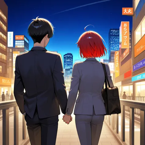 create a manga , from a red-haired boy holding hands around the city to another black-haired man in a coastal city, They are gay 