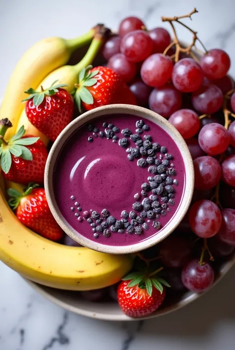 An image of a bowl of pure açaí with strawberry, banana and grape wrapped around it