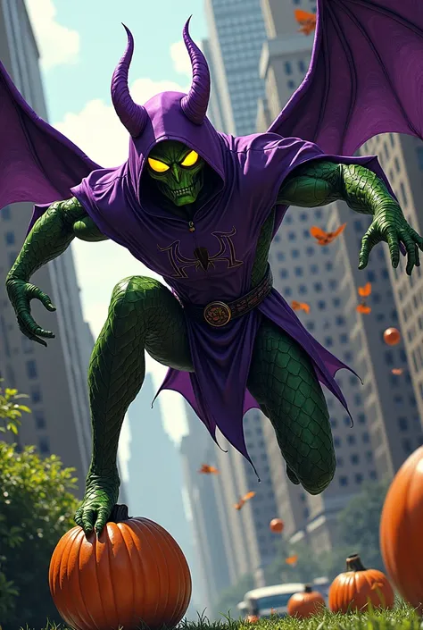     Norman Osborn aka Green Goblin in his classic purple suit      ,       with green arms and legs with scales      ,       green leprechaun mask with purple hood with yellow eyes,      flying on his bat-shaped flying platform      ,       throwing pumpki...