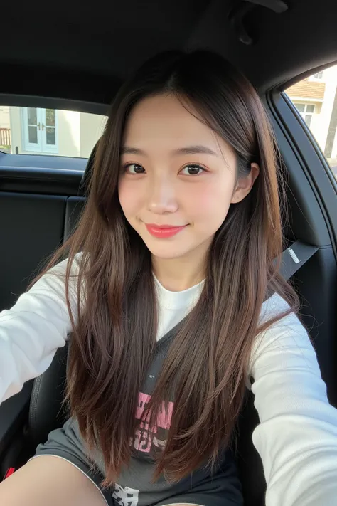 A first-person perspective cute smiling selfie of a 28-year-old female CEO (no makeup) (slim) (oval face) (long straight brown-black hair) wearing autumn high-end temperament fashion brand clothing, sitting in the drivers seat of a Porsche 718 at the door ...