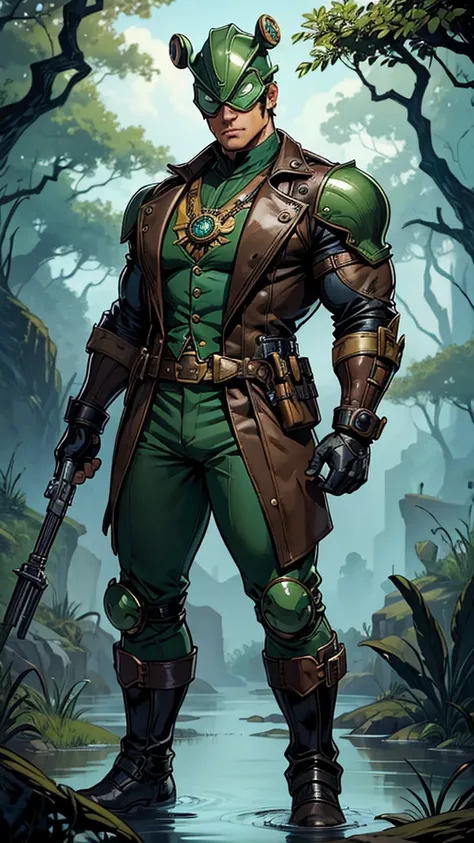 Create a man wearing a modern, steampunk costume identical to a frog, with a helmet like a frogs head, strong and muscular, full body, in a swamp, Marvel comics and DC Comics hero style.