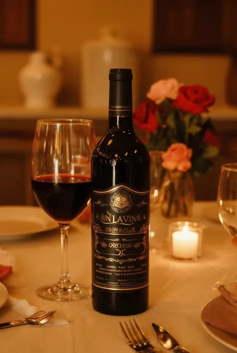 " An ultra-realistic scene of an elegant table with a bottle of Ben-Lavino premium wine placed in the.  The bottle has a sophisticated label with gold details and a black background ,  surrounded by a full red wine glass ,  illuminated by the warm light of...