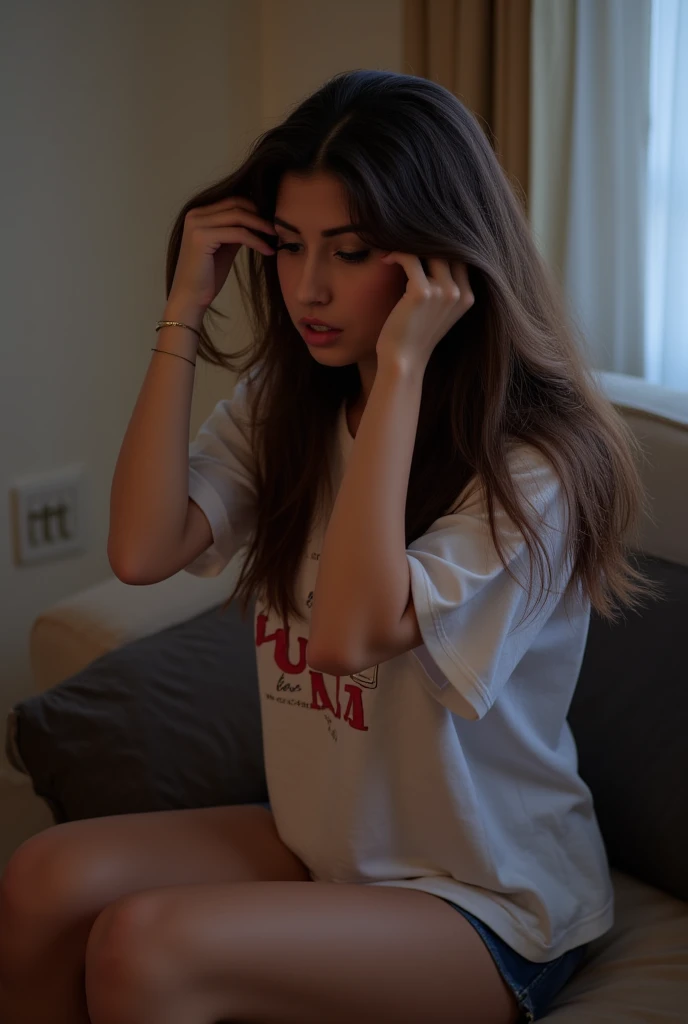 photograph of a stunningly attractive busty woman in an oversized t-shirt, she is sitting on a couch tugging at her hair. gorgeous face. 21 year old hot girl. lip filler. She has natural breasts. She is freaking out. She is tugging at her hair. She has lon...