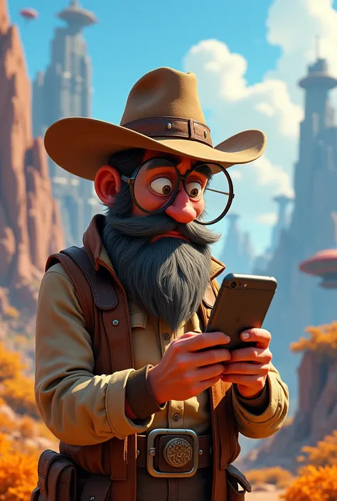 Create a prospector with a magnifying glass  .  looking at prices on the cell phone close to the face Disney Pixar style futuristic cartoon