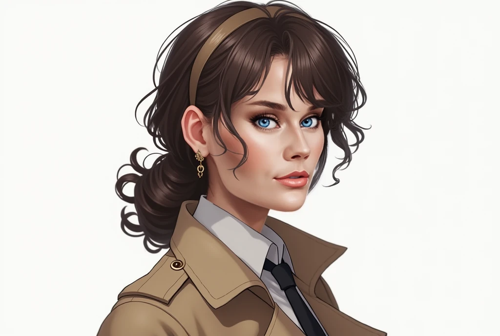  Ultra detailed , very detailed portrait , masterpiece,ultra-detailed,alone,(Delicate eyes),( white background :1.3),red eyes,standing, visualizer ,[ earrings {x} trench coat:20],Jewelry, taupe _under _eye,  watch _at_ visualizer , curly _bandeau, delicate...