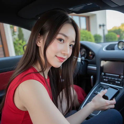 A first-person perspective cute smiling selfie of a 28-year-old female CEO (no makeup) (slim) (oval face) (long straight brown-black hair) wearing autumn high-end temperament fashion brand clothing, sitting in the drivers seat of a Porsche 718 at the entra...