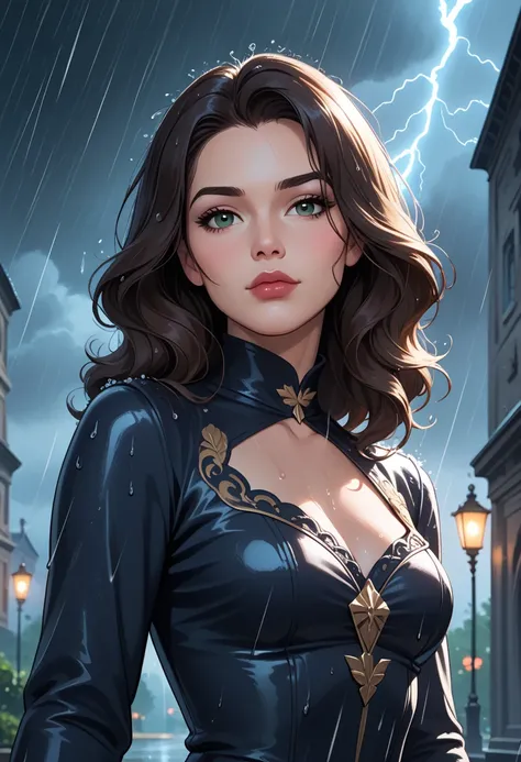 score_9, score_8_up, score_7_up, Western Comics, Portrait, girl, cute, seductive, innocent, light smile:0.3, plump lips, slender body, in a black long wavy decent dress, in heavy rain, storm, thunder and lightning, a dark and vague scene but quite clear an...