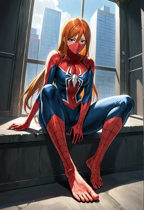 Inoue Orihime from bleach is in a spider man outfit her feet are out we can shee her feet