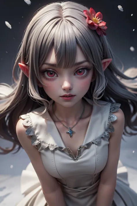 {{masterpiece}},best quality,highly detailed,extremely detailed CG unity 8k wallpaper,illustraction, 1girl, red eyes, wavy silver hair, pointy ears, vampire, dress, necklace, hair flower, snow, ice, full body, shot,high close up, highly detailed,center fra...