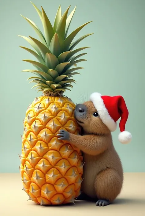 Pineapple with its head embraced by a capybara wearing a Christmas hat