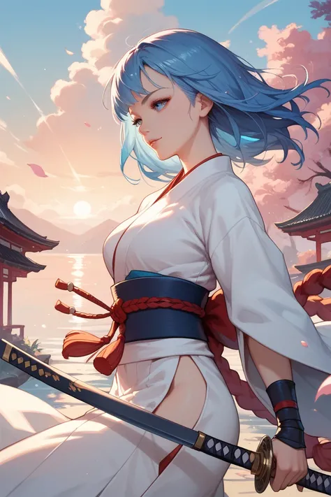 A sexy , Long blue hair ,  wearing a samurai outfit and a katana around the waist, she is on the side,  looking at the horizon with a sunset .