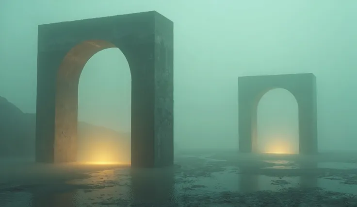 a series of large, monolithic structures that resemble futuristic or minimalist arches, set in an ambiguous space. The predominant color palette is composed of muted blues and greens, contributing to a misty and ethereal atmosphere. Notable features includ...