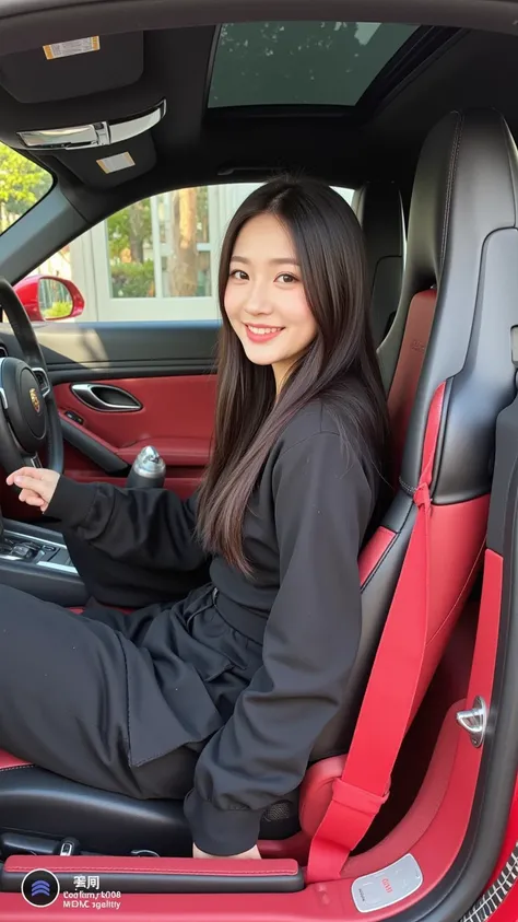 A first-person perspective cute smiling selfie of a 28-year-old female CEO (no makeup) (slim) (oval face) (long straight brown-black hair) wearing autumn high-end temperament fashion brand clothing, sitting in the drivers seat of a Porsche 718 at the entra...