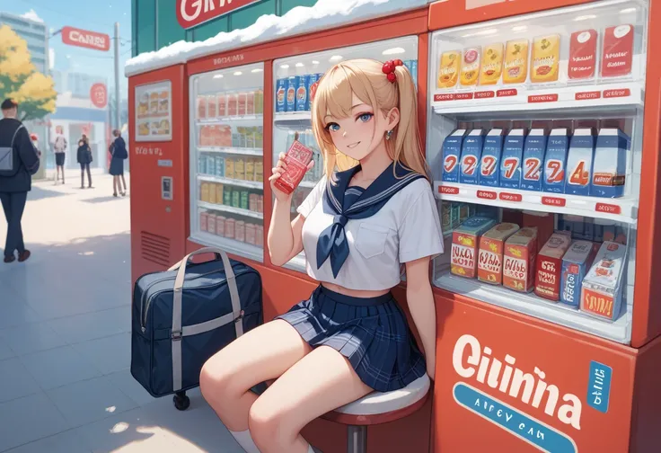 winter、High school girl in uniform buying juice at vending machine