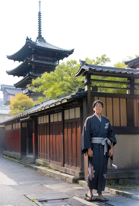 kyoto, man in kimono, big smile, morning light