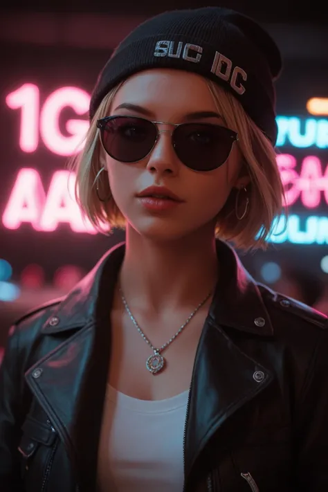 Face close up, alternative girl, watching over black sunglasses, jacket, necklace, neon light reflections on skin, ear ring, makeup, skin imperfection, short hair, beanie, neon lights background, low light, depth of field, highly detailed, high contrast, f...