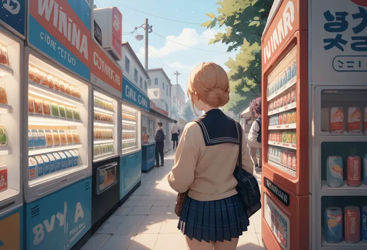 winter、Back view of a high school girl in uniform buying juice at a vending machine