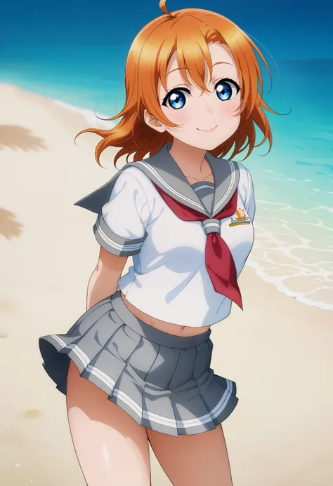 1girl, kousaka honoka, medium hair, orange hair, standing, sporty athletic build, sharp lines, vibrant colors, breasts outlines, (sexualized:1.3), RUKIA Style, shiny skin, ahoge, blush, grey sailor collar, grey skirt, skirt around thighs,looking at viewer,...