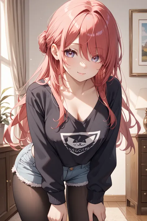 ((masterpiece), (best quality), ultra high res, 1girl, long hair, (red hair:1.5), long hair, eyes visible through hair, short shorts, long sleeves, black pantyhose, room, leaning forward, hands on waist, arm outstretched, looking at the viewer, loose cloth...