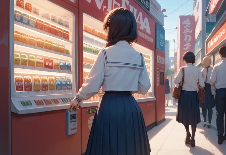 winter、Back view of a Japanese high school girl with a uniform and a long skirt buying juice at a vending machine