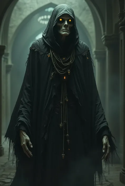 A tall, gaunt figure in tattered black robes decorated with bone charms. His pale, gray skin is veined with dark sores. His sickly yellow-green eyes glow faintly, and swarms of flies follow him.