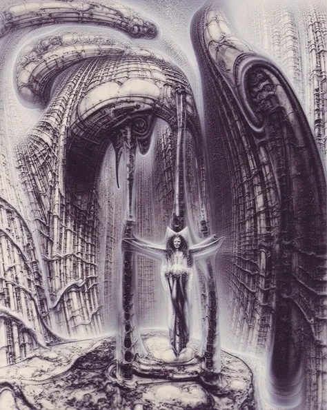 gigerart, a piece of art by HR Giger. Create biomechanical tableau in h r gigers style. It is called /“ biomechanical landscape no 312 /”  In a shadowy, surreal landscape reminiscent of H.R. Gigers most provocative works, H. R. Gigers g1g3r, , Giger_style,...