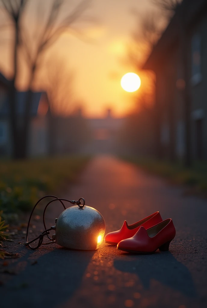 A glowing school bell placed on the ground at sunrise, with the red heels resting beside it. The scene feels peaceful yet ominous, as if the danger has passed but could return anytime."
