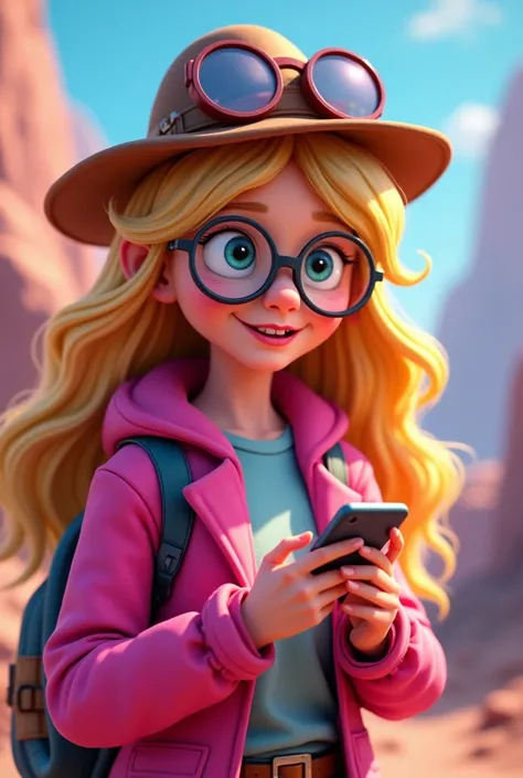 Create a prospector girl in pink clothes with a magnifying glass in her hand close to her eye looking at prices on the cell phone close to her face in Disney Pixar style futuristic cartoon dont forget that with the magnifying glass she looks at the price o...