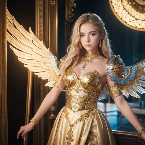 portrait of a photorealistic angelic pretty young woman with strikingly beautiful blue eyes, his chiseled face framed by golden locks, clad in ornate silver armor with intricate patterns, his flaming wings radiating a soft, warm glow as they spread wide be...