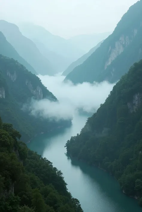 A river, its both sides high hills,fog over water.